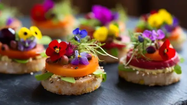 small bites with edible flowers