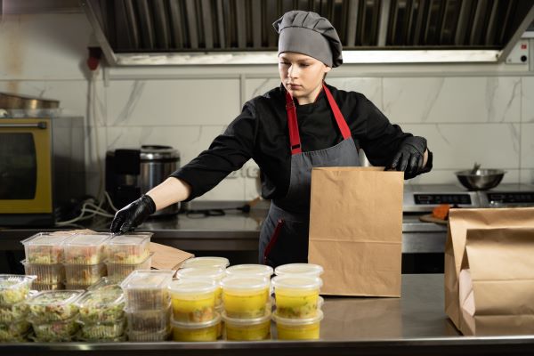 Worker Preparing To-Go Food
